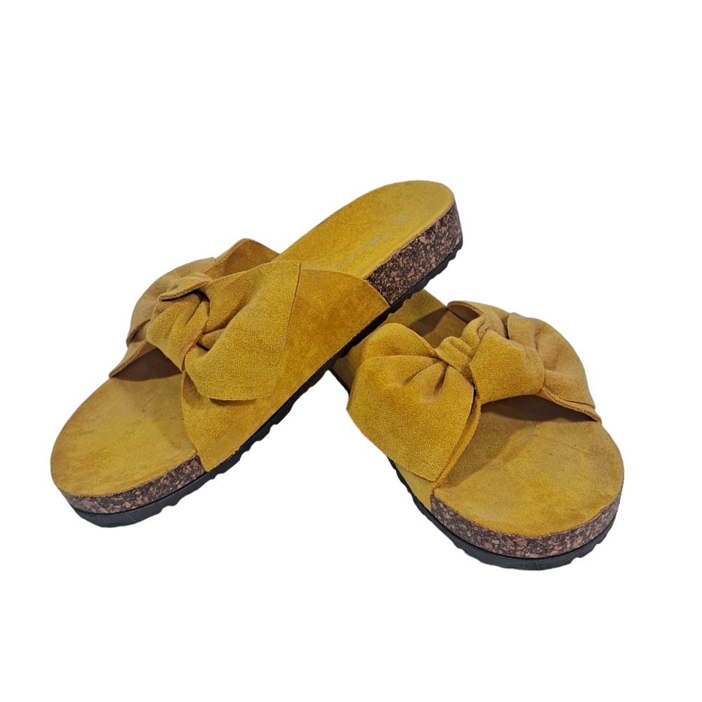 Shoe Land SL-Nylah Yellow Faux Suede Knot Bow Slip On Sandals Women's